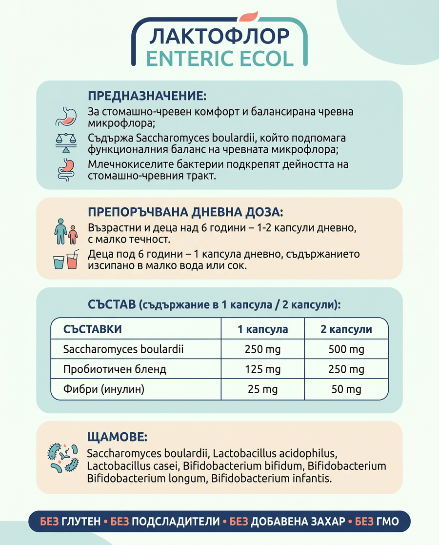 Инфографика Лактофлор Enteric Ecol: предназначение, дневна доза, състав и щамове