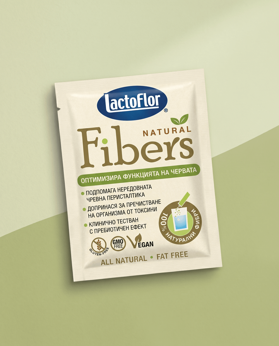 Саше Lactoflor Natural Fibers на зелен фон, със знаци gluten-free, GMO free и vegan