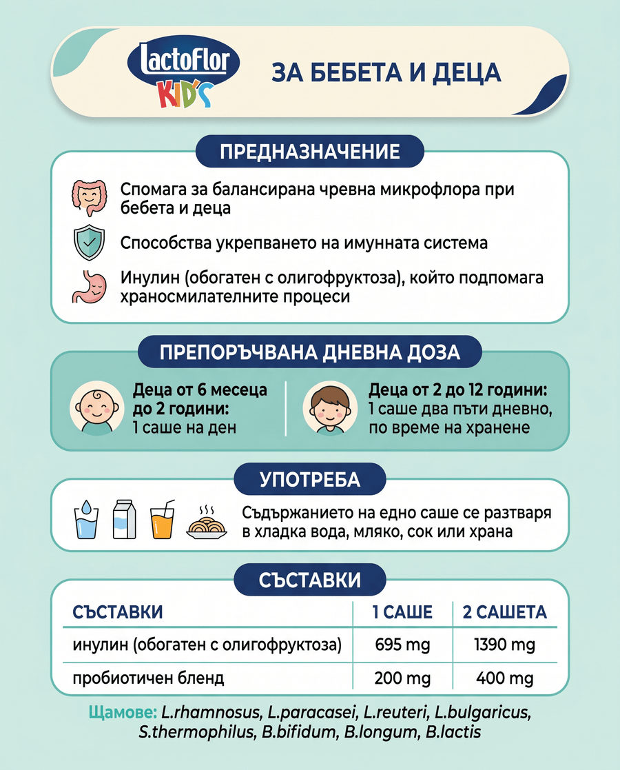 Инфографика Lactoflor Kids: предназначение, дневна доза за бебета и деца, употреба и съставки