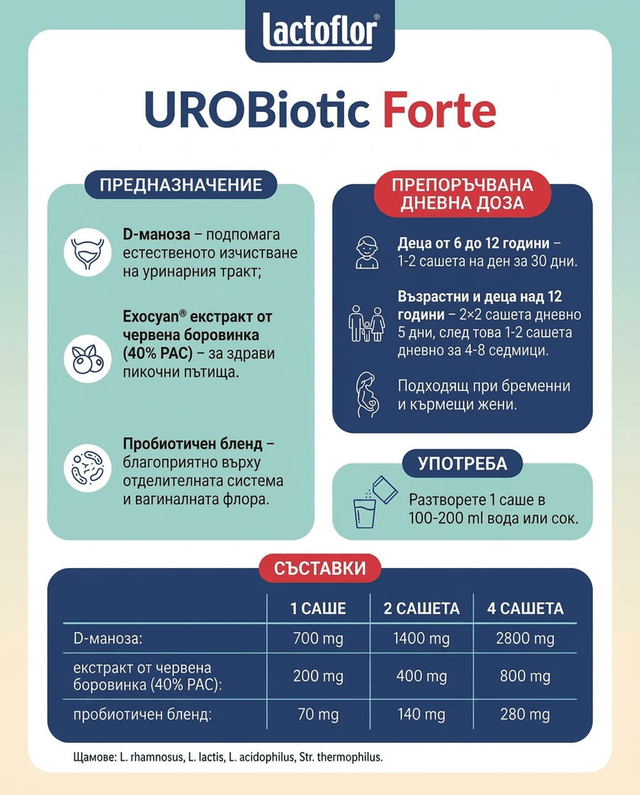 Инфографика UROBiotic Forte: предназначение, дневна доза, употреба и таблица със съставки