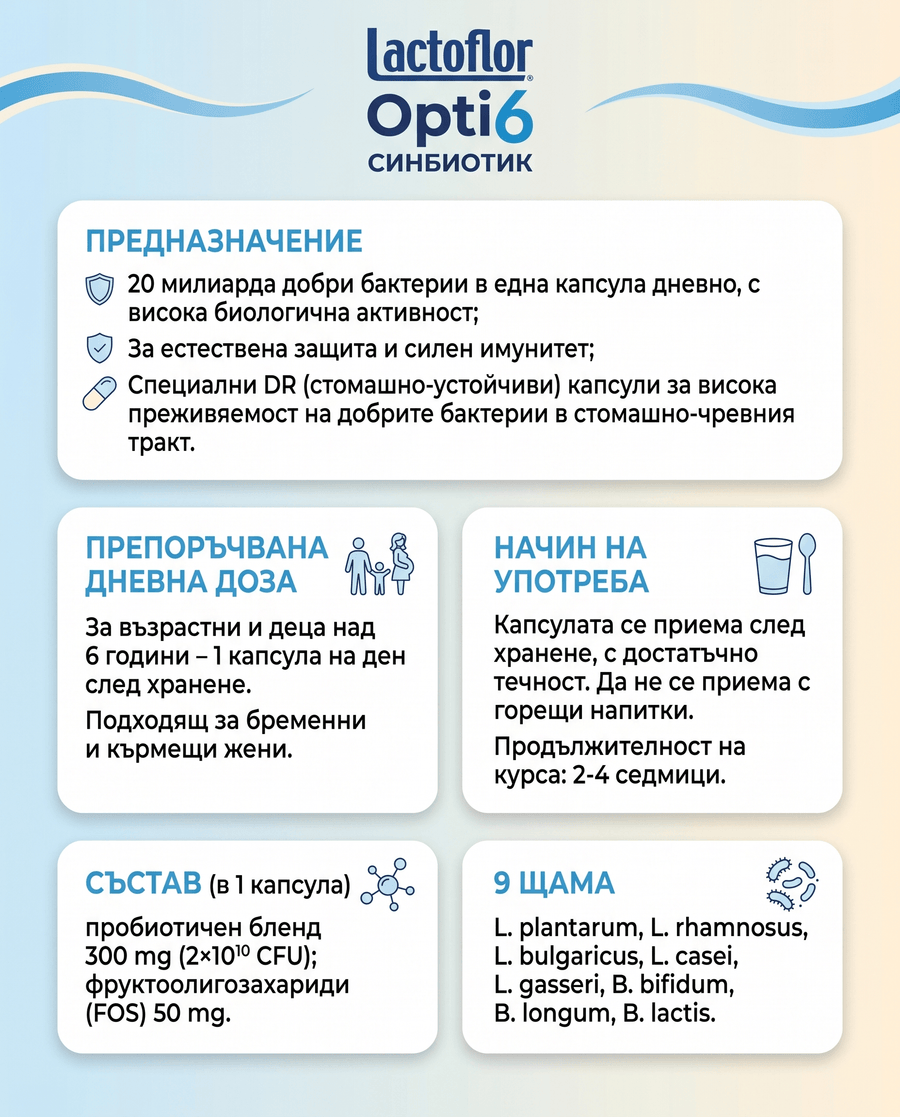 Инфографика Opti6: предназначение, дневна доза, начин на употреба, състав и 9 пробиотични щама