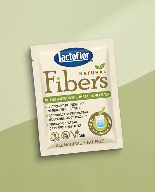Саше Lactoflor Natural Fibers на зелен фон, със знаци gluten-free, GMO free и vegan